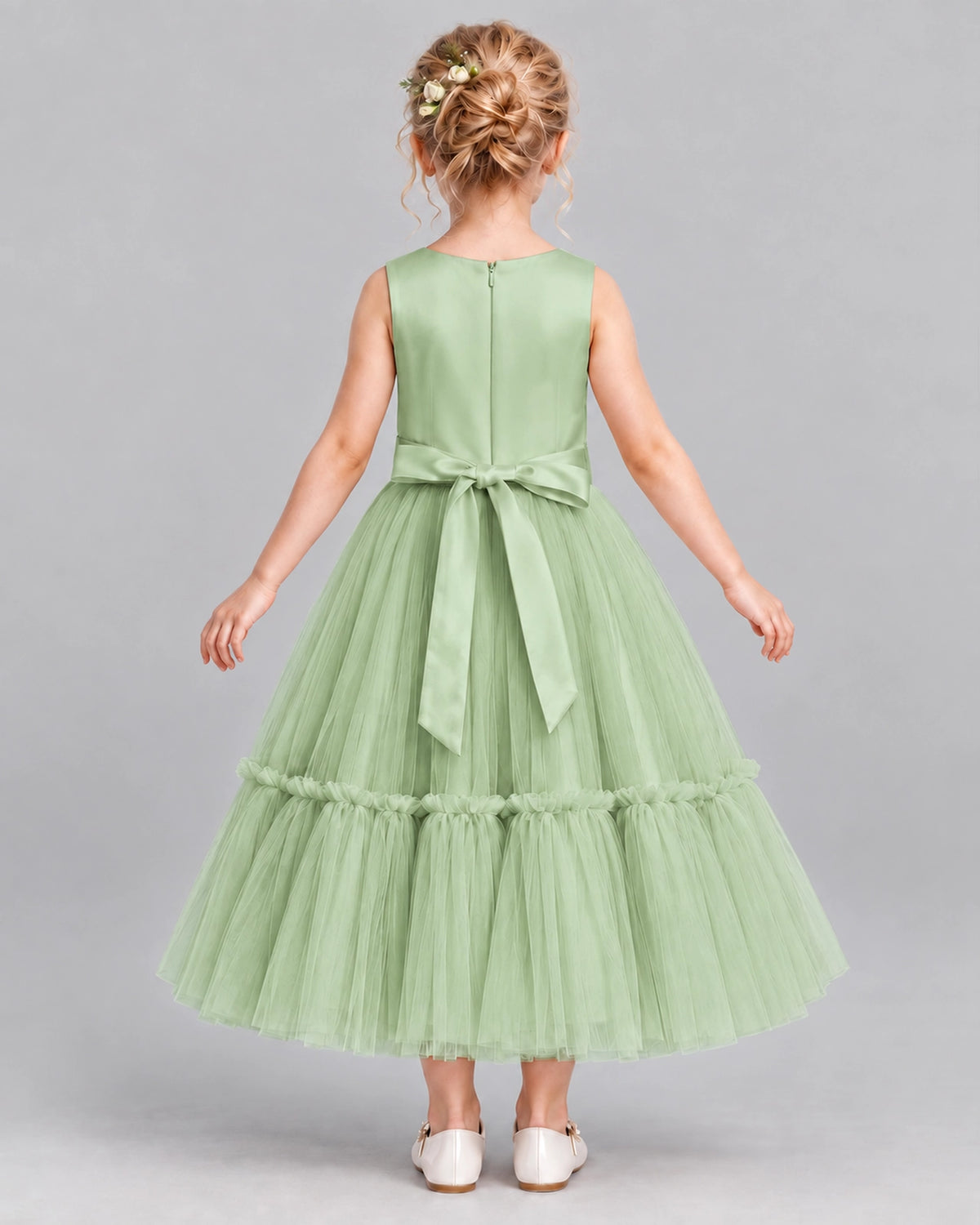 Sage Green A-line Flower Girl Dresses Back