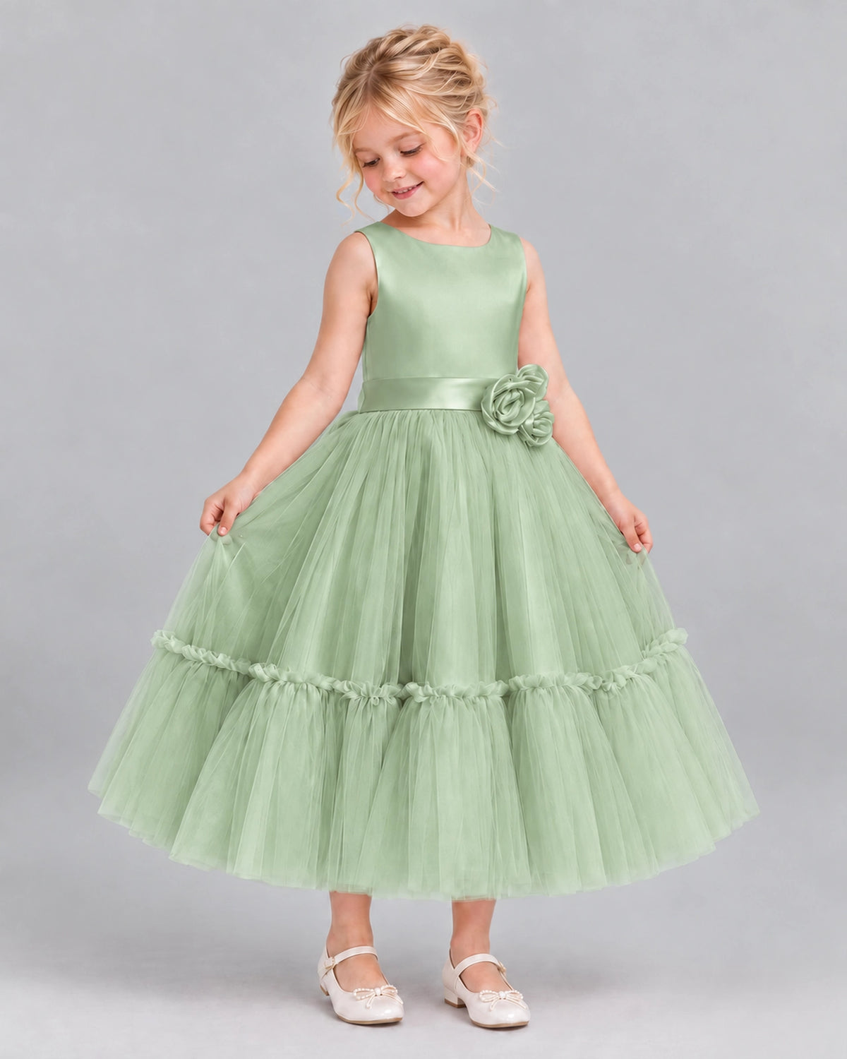 Sage Green A-line Flower Girl Dresses Side