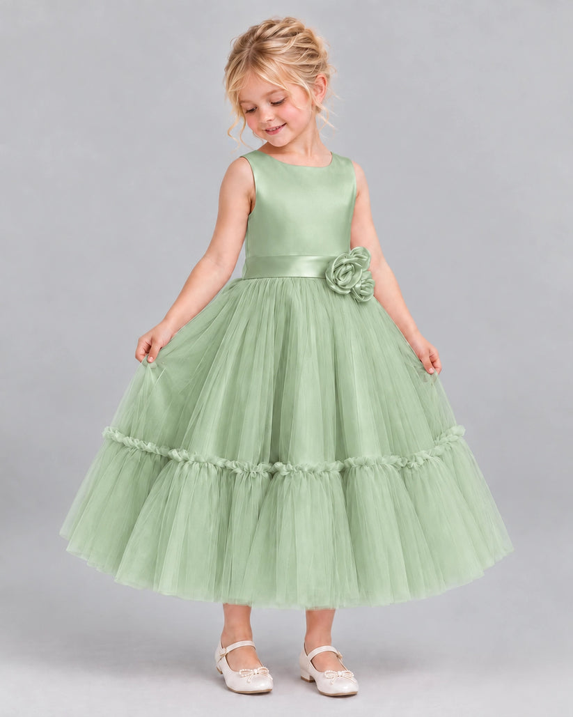 Sage Green A-line Flower Girl Dresses Side