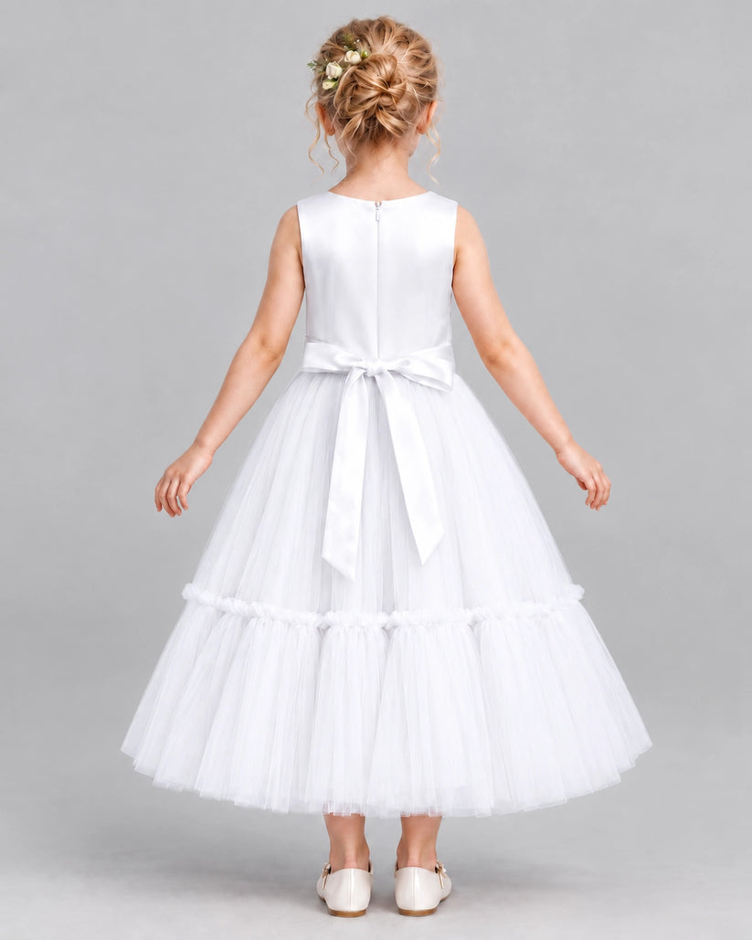White A-line Flower Girl Dresses Back