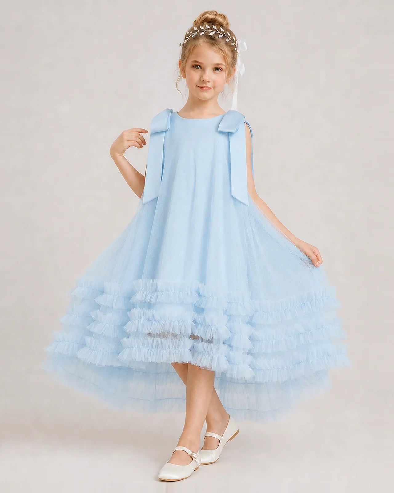 Baby Blue Girls Formal Dresses Bow Shoulder Tiered Ruffle Tulle Asymmetrical Dress Front View