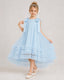 Baby Blue Girls Formal Dresses Bow Shoulder Tiered Ruffle Tulle Asymmetrical Dress Front View