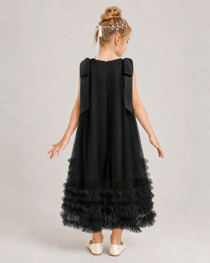 Black Girls Formal Dresses Bow Shoulder Tiered Ruffle Tulle Asymmetrical Dress Back View
