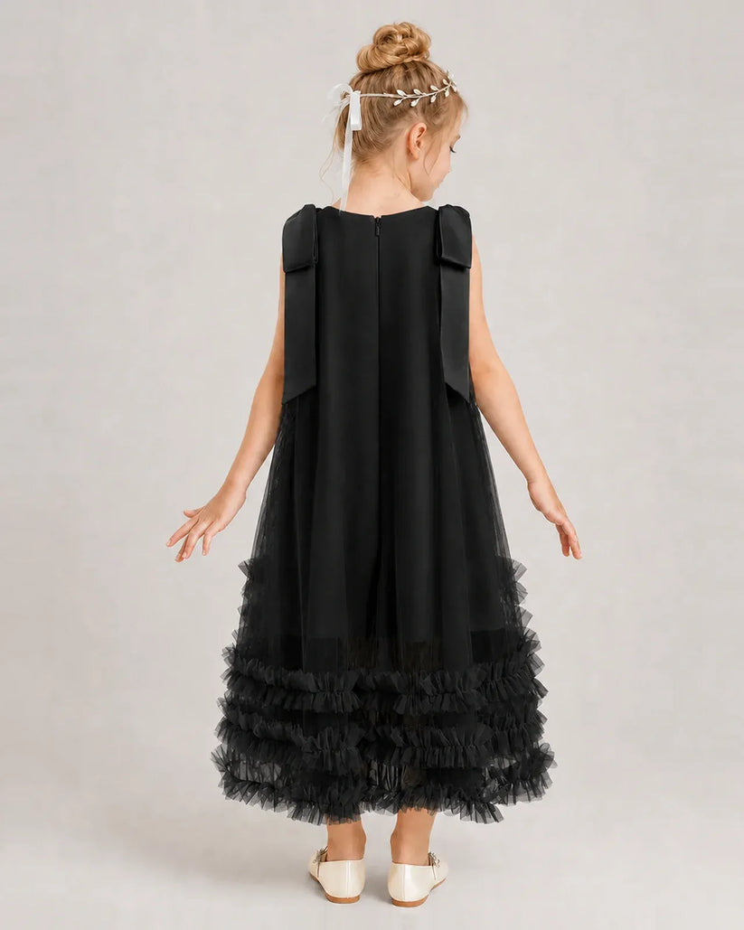 Black Tulle A-line Girls Formal Dress Back View