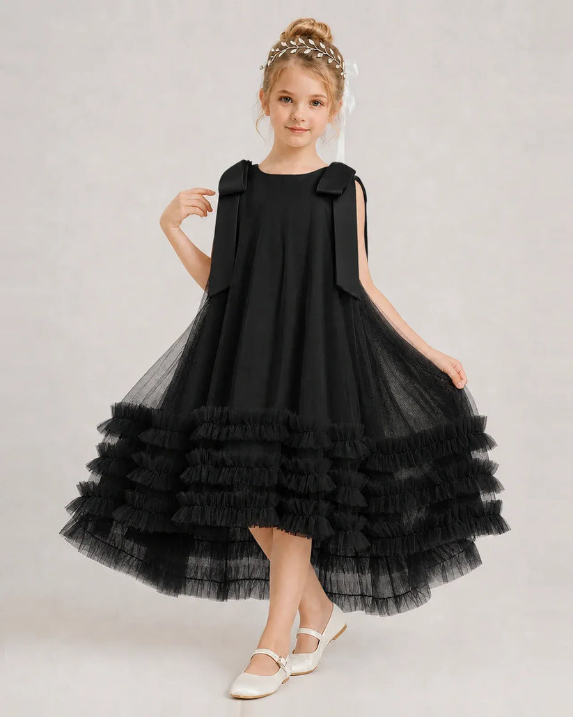 Black Tulle A-line Girls Formal Dress Front View