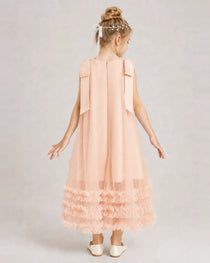 Blush Pink Girls Formal Dresses Bow Shoulder Tiered Ruffle Tulle Asymmetrical Dress Back View