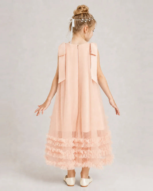 Blush Pink Tulle A-line Girls Formal Dress Back View
