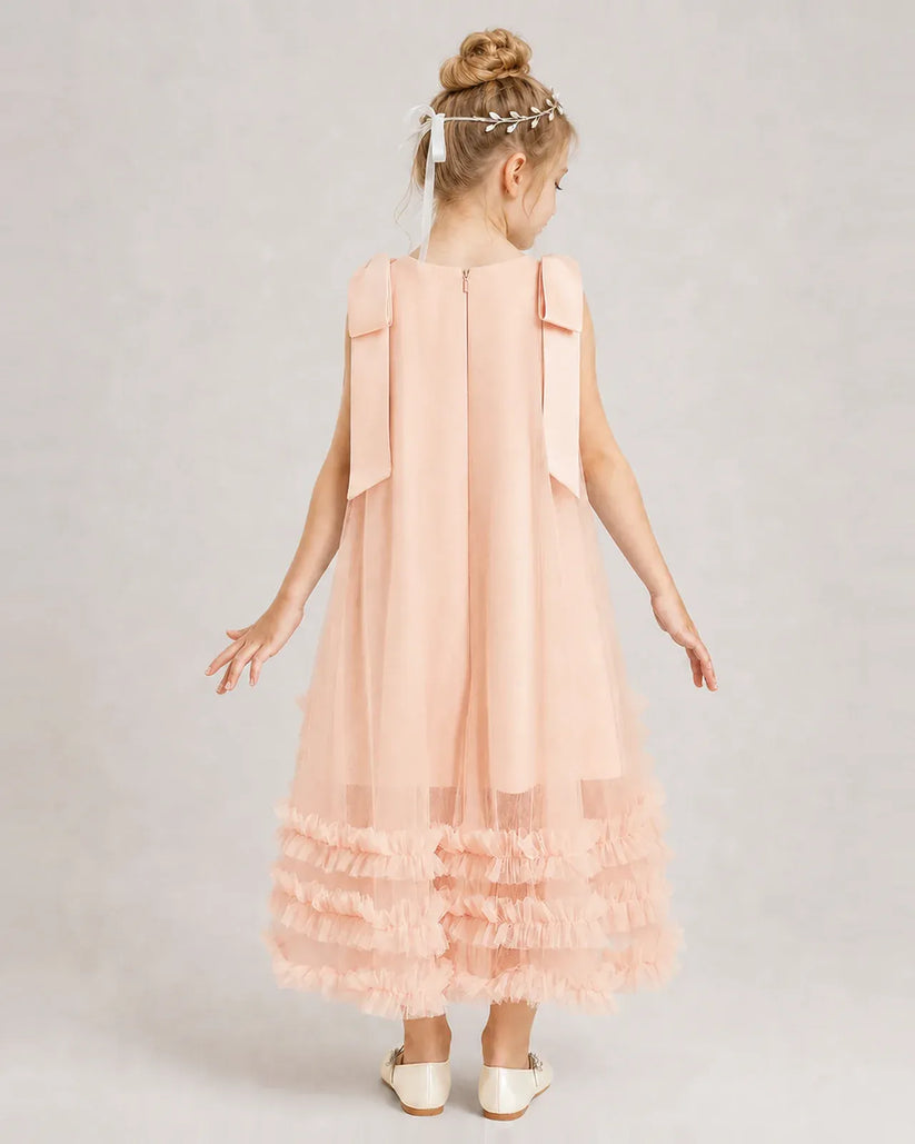 Blush Pink Tulle A-line Girls Formal Dress Back View