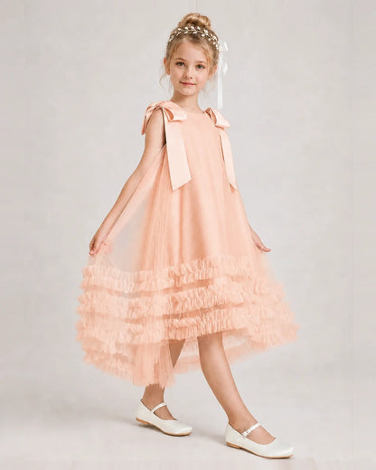 Blush Pink Girls Formal Dresses Bow Shoulder Tiered Ruffle Tulle Asymmetrical Dress Side View