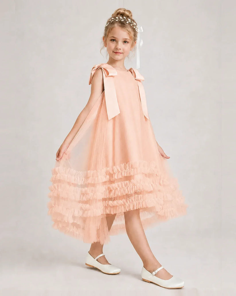 Blush Pink Tulle A-line Girls Formal Dress Side View