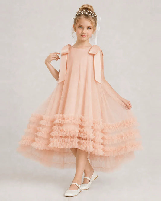 Blush Pink Tulle A-line Girls Formal Dress Front View