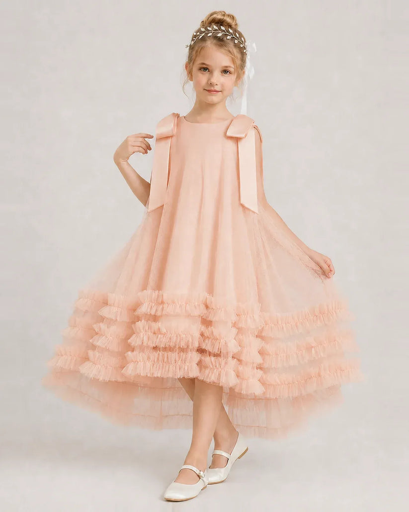 Blush Pink Tulle A-line Girls Formal Dress Front View