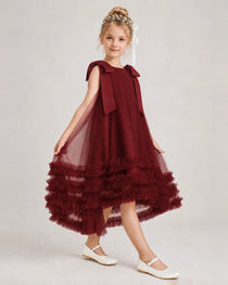 Burgundy Girls Formal Dresses Bow Shoulder Tiered Ruffle Tulle Asymmetrical Dress Side View