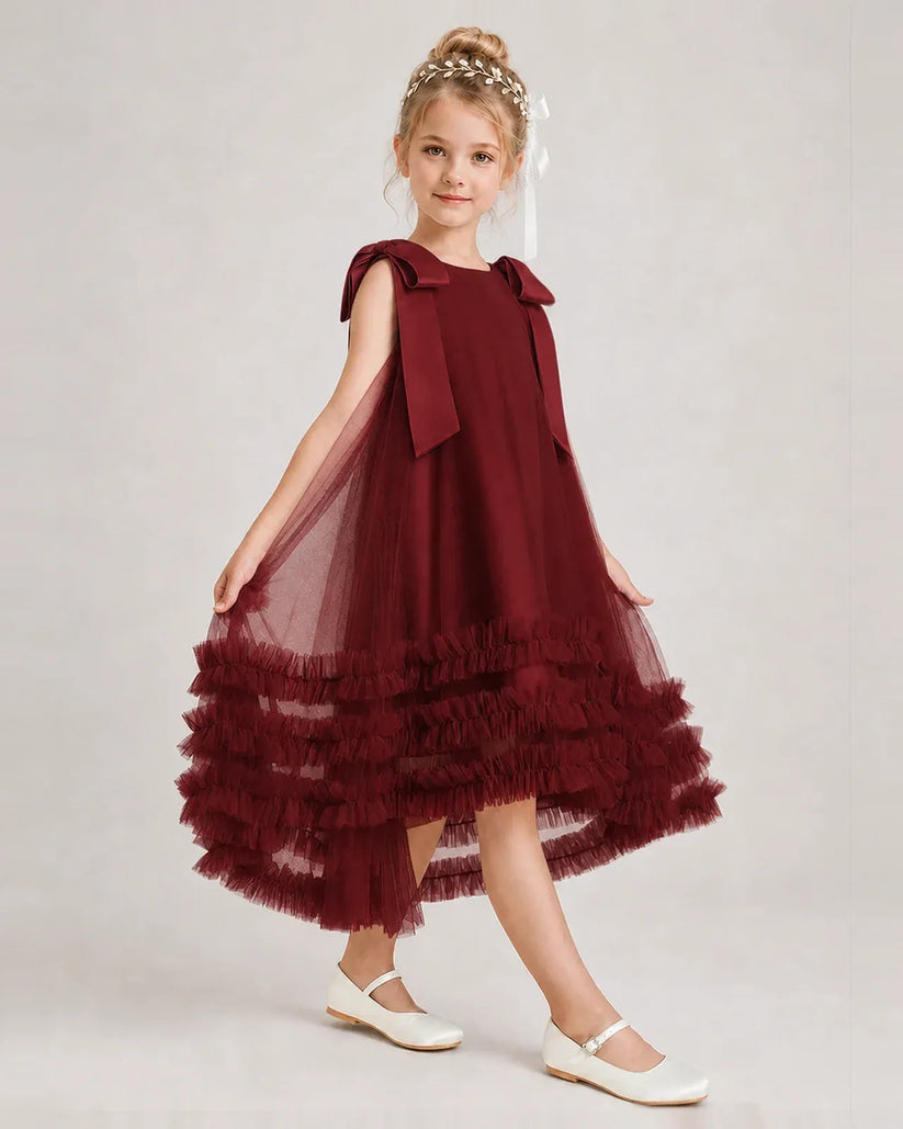 Burgundy Tulle A-line Girls Formal Dress Side View