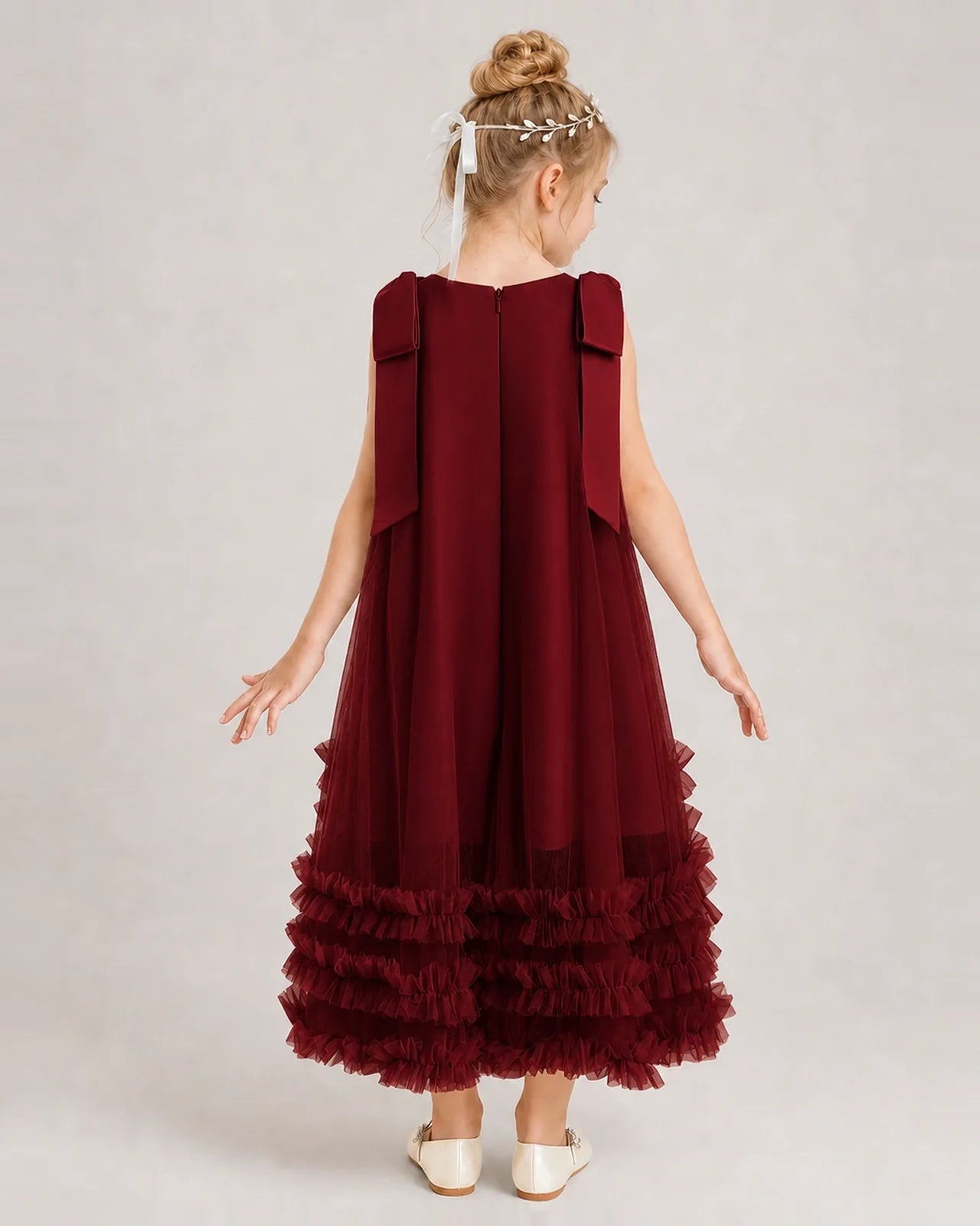 Burgundy Girls Formal Dresses Bow Shoulder Tiered Ruffle Tulle Asymmetrical Dress Back View