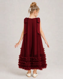 Burgundy Girls Formal Dresses Bow Shoulder Tiered Ruffle Tulle Asymmetrical Dress Back View