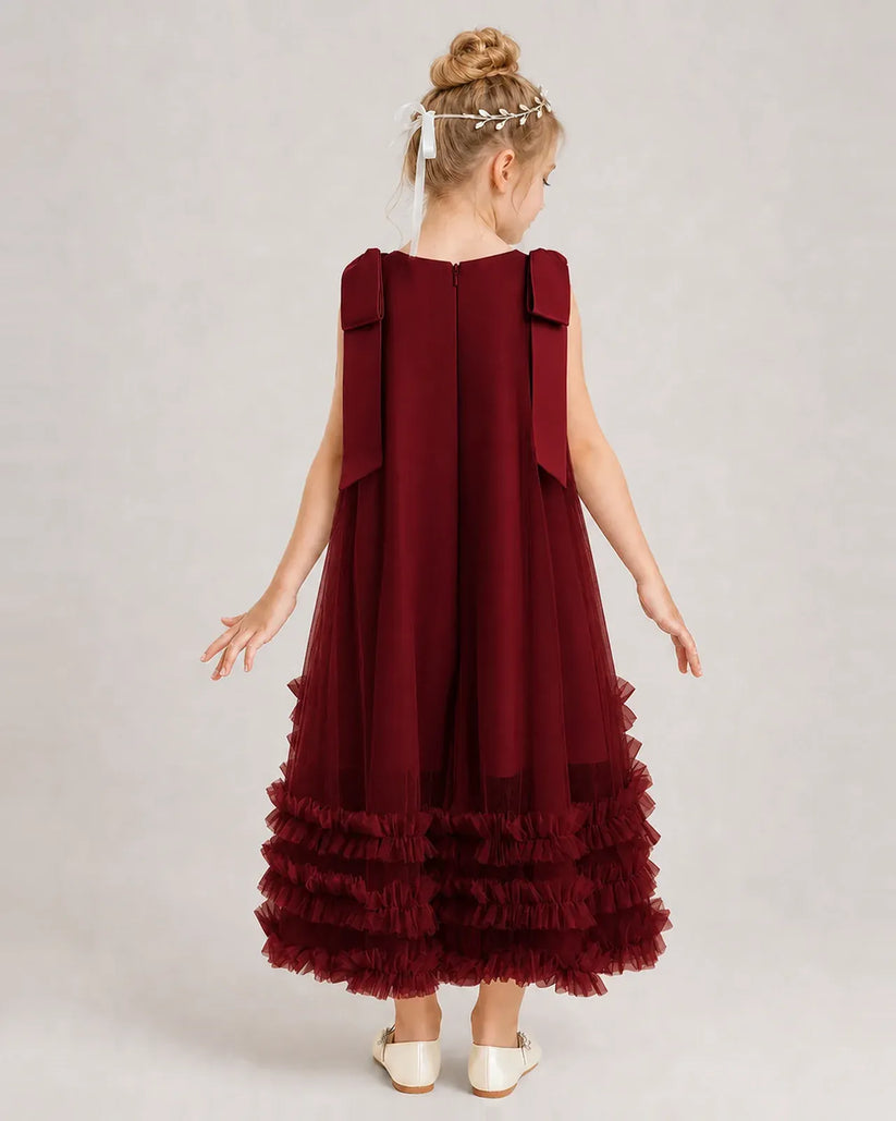Burgundy Tulle A-line Girls Formal Dress Back View