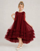 Burgundy Tulle A-line Girls Formal Dress Front View