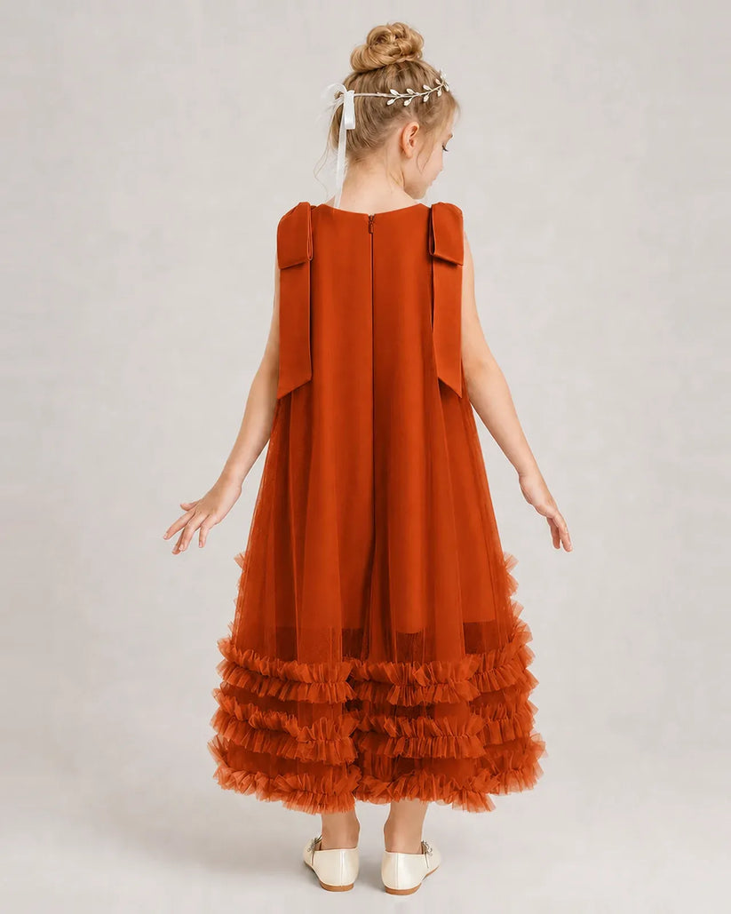 Burnt Orange Tulle A-line Girls Formal Dress Back View