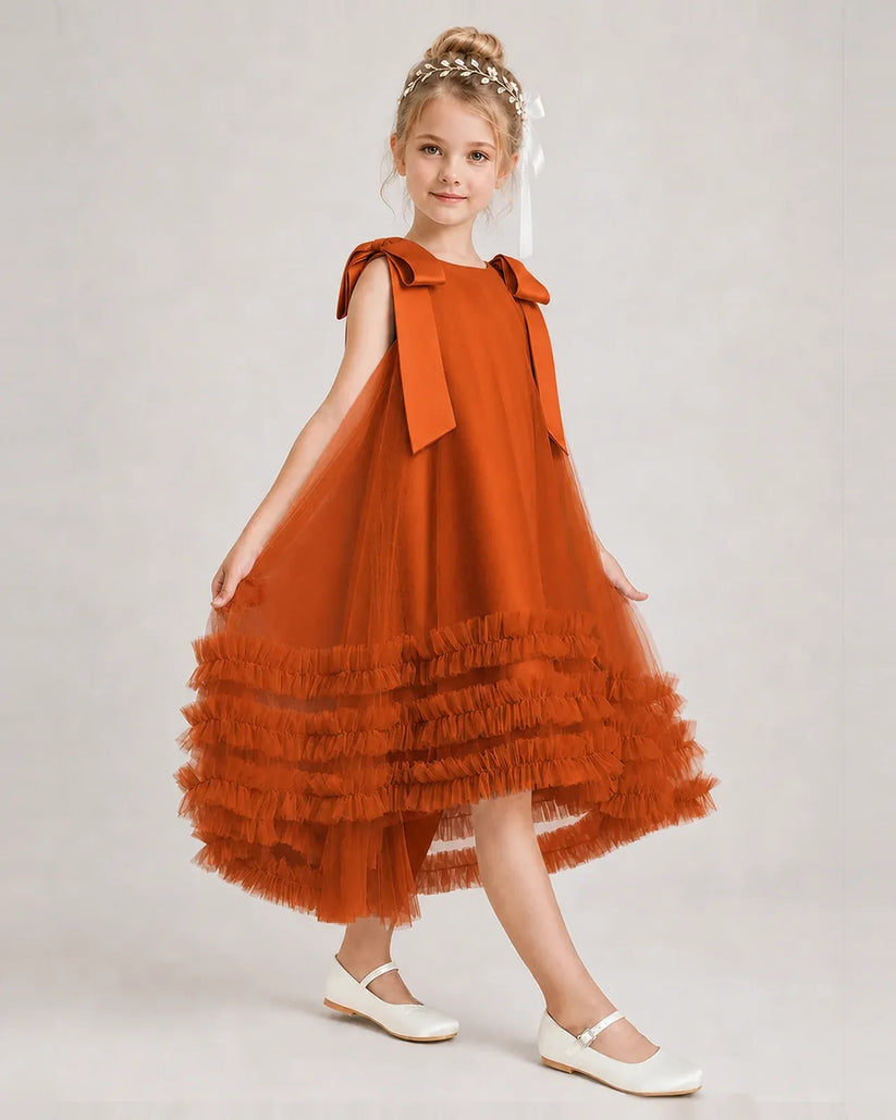 Burnt Orange Tulle A-line Girls Formal Dress Front View