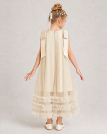 Champagne Girls Formal Dresses Bow Shoulder Tiered Ruffle Tulle Asymmetrical Dress Back View