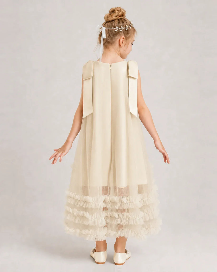 Champagne Tulle A-line Girls Formal Dress Back View