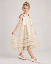 Champagne Girls Formal Dresses Bow Shoulder Tiered Ruffle Tulle Asymmetrical Dress Side View