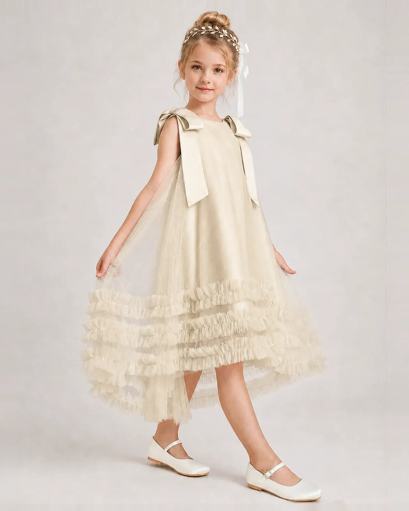 Champagne Tulle A-line Girls Formal Dress Side View
