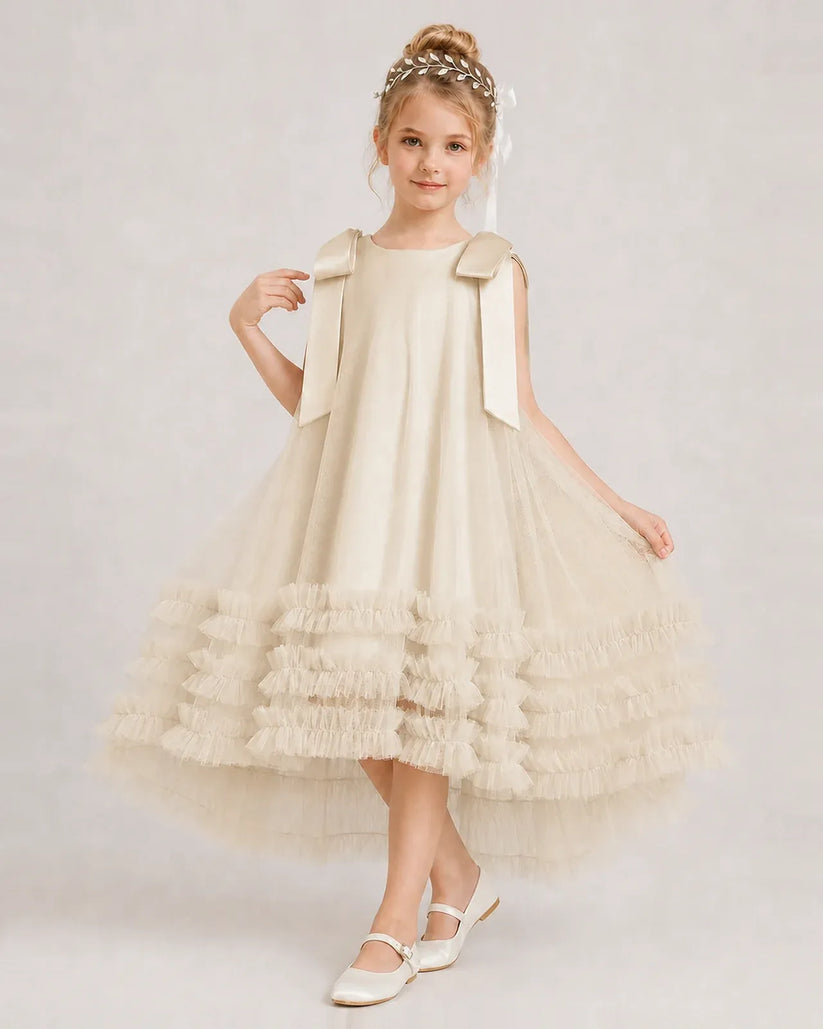 Champagne Tulle A-line Girls Formal Dress Front View