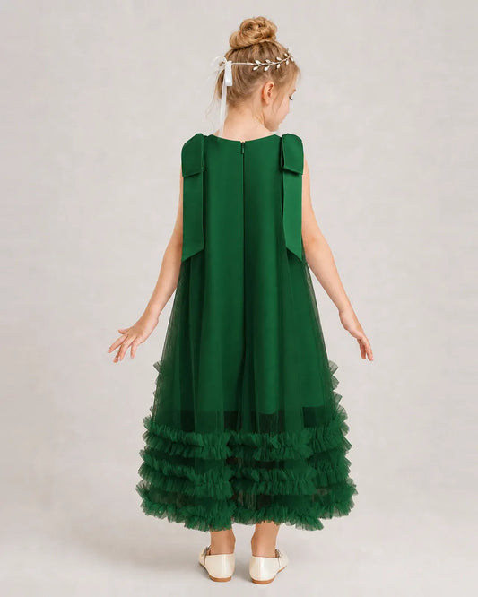 Dark Green Tulle A-line Girls Formal Dress Back View