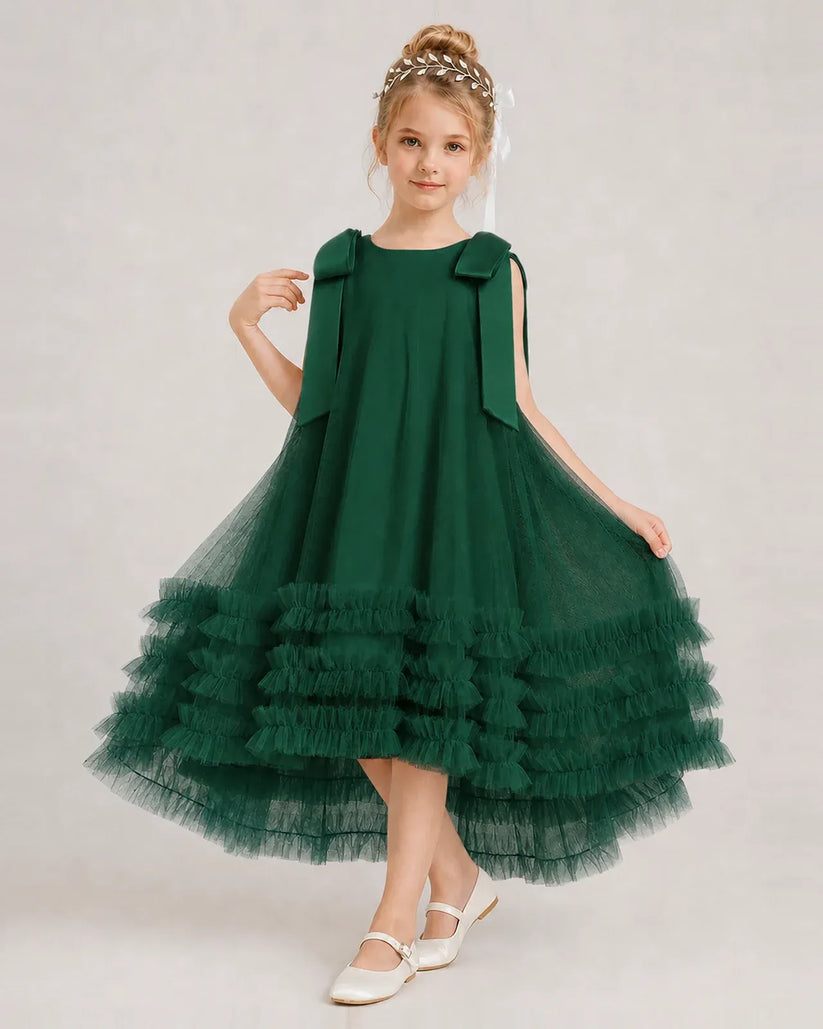 Dark Green Tulle A-line Girls Formal Dress Front View