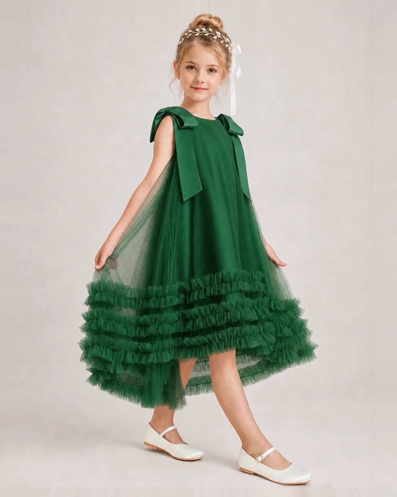 Dark Green Girls Formal Dresses Bow Shoulder Tiered Ruffle Tulle Asymmetrical Dress Side View