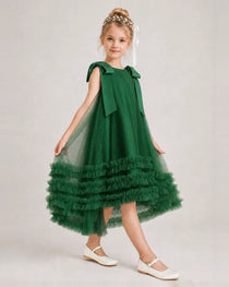 Dark Green Girls Formal Dresses Bow Shoulder Tiered Ruffle Tulle Asymmetrical Dress Side View