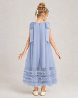 Dusty Blue Tulle A-line Girls Formal Dress Back View