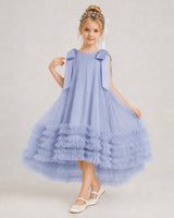 Dusty Blue Tulle A-line Girls Formal Dress Front View