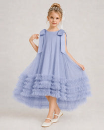 Dusty Blue Girls Formal Dresses Bow Shoulder Tiered Ruffle Tulle Asymmetrical Dress Front View