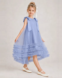 Dusty Blue Girls Formal Dresses Bow Shoulder Tiered Ruffle Tulle Asymmetrical Dress Side View