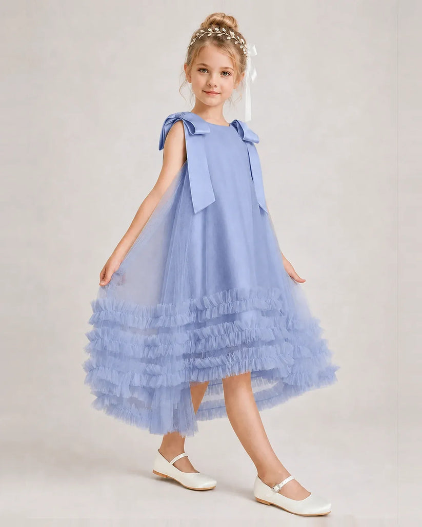 Dusty Blue Tulle A-line Girls Formal Dress Front View