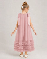 Dusty Rose Tulle A-line Girls Formal Dress Back View