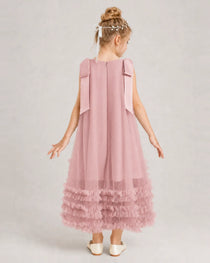 Dusty Rose Girls Formal Dresses Bow Shoulder Tiered Ruffle Tulle Asymmetrical Dress Back View
