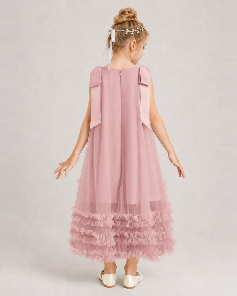 Dusty Rose Tulle A-line Girls Formal Dress Back View