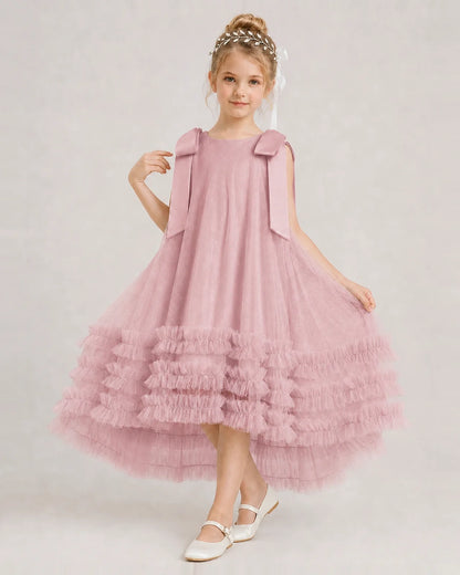 Dusty Rose Girls Formal Dresses Bow Shoulder Tiered Ruffle Tulle Asymmetrical Dress Front View