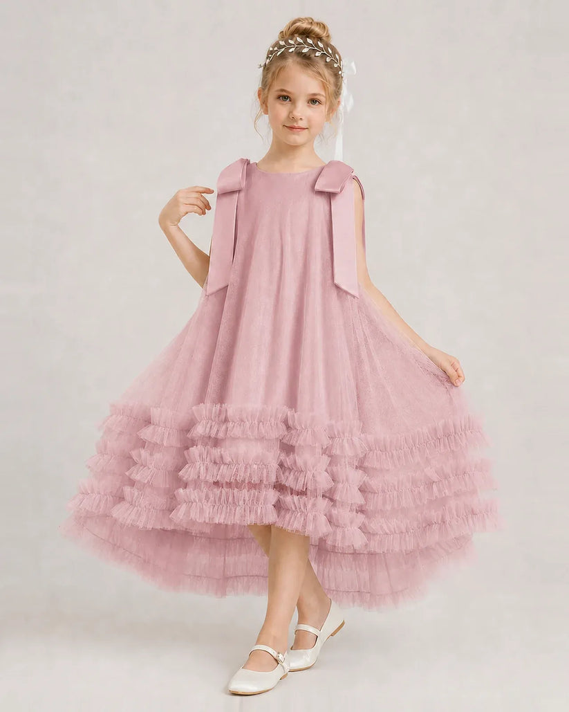Dusty Rose Tulle A-line Girls Formal Dress Front View