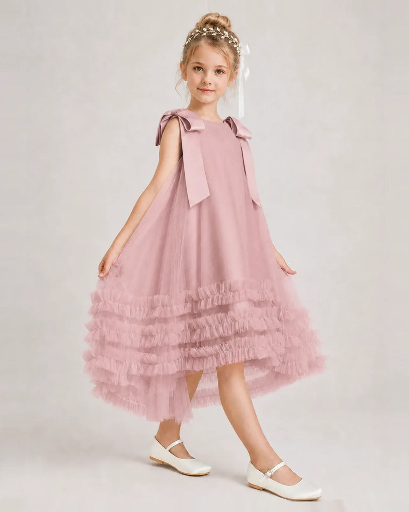 Dusty Rose Tulle A-line Girls Formal Dress Side View