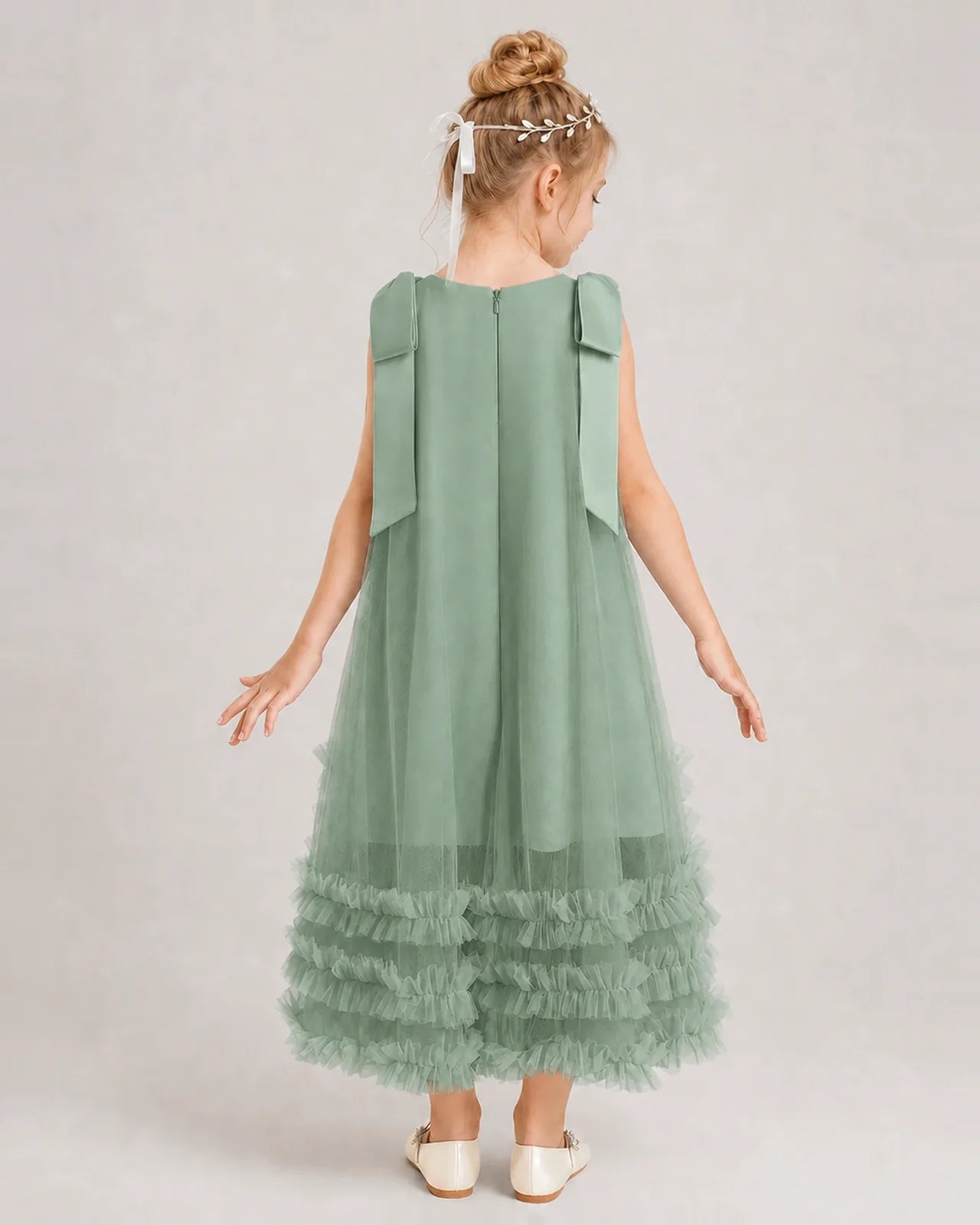 Eucalyptus Girls Formal Dresses Bow Shoulder Tiered Ruffle Tulle Asymmetrical Dress Back View