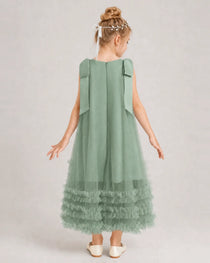 Eucalyptus Girls Formal Dresses Bow Shoulder Tiered Ruffle Tulle Asymmetrical Dress Back View