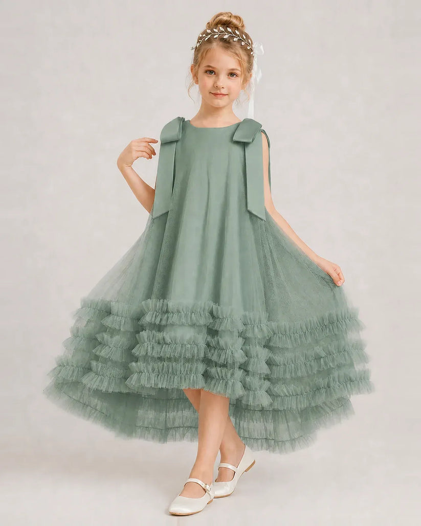Eucalyptus Tulle A-line Girls Formal Dress Front View