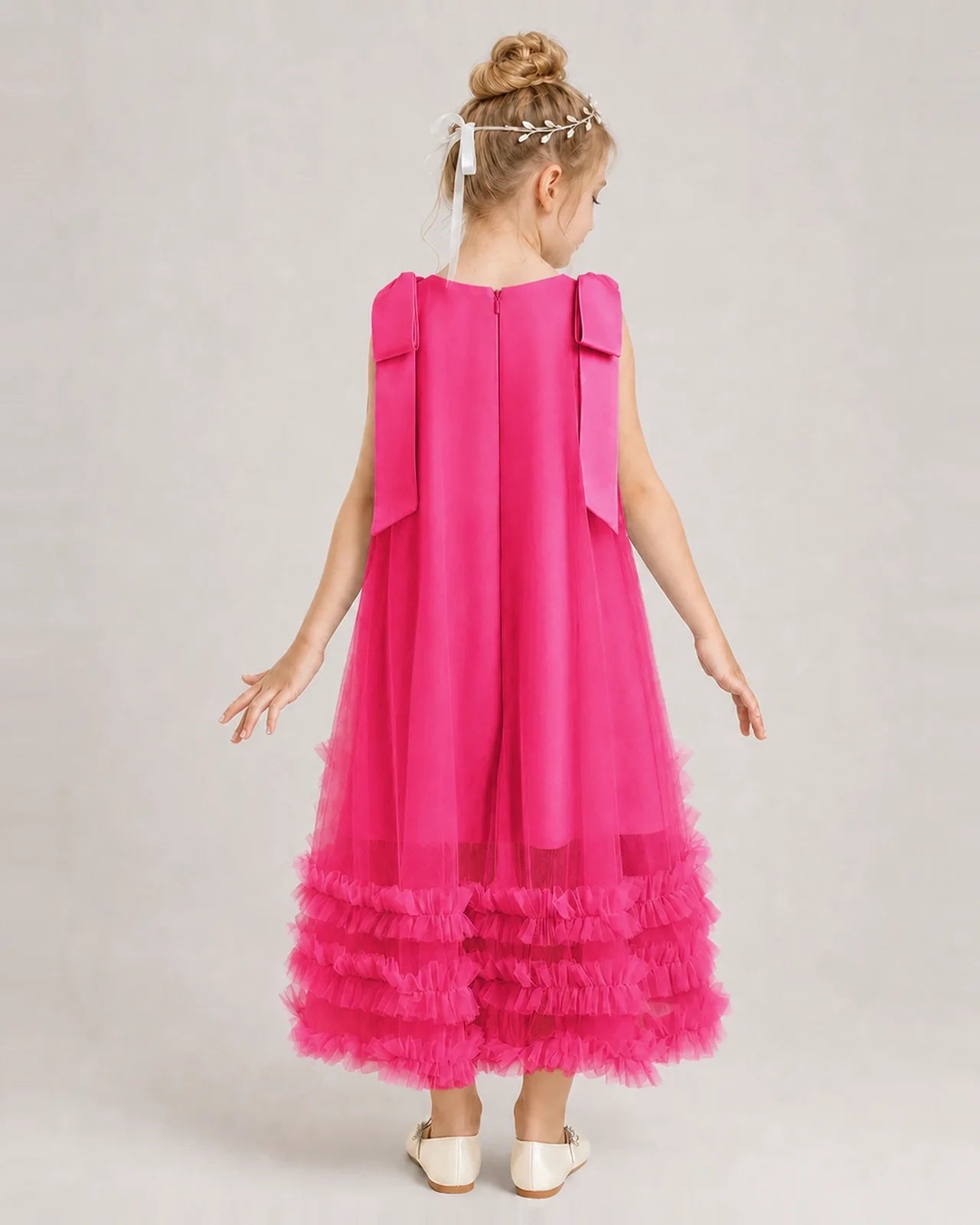 Hot Pink Girls Formal Dresses Bow Shoulder Tiered Ruffle Tulle Asymmetrical Dress Back View