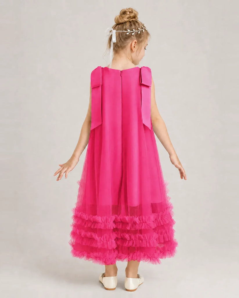 Hot Pink Tulle A-line Girls Formal Dress Back View