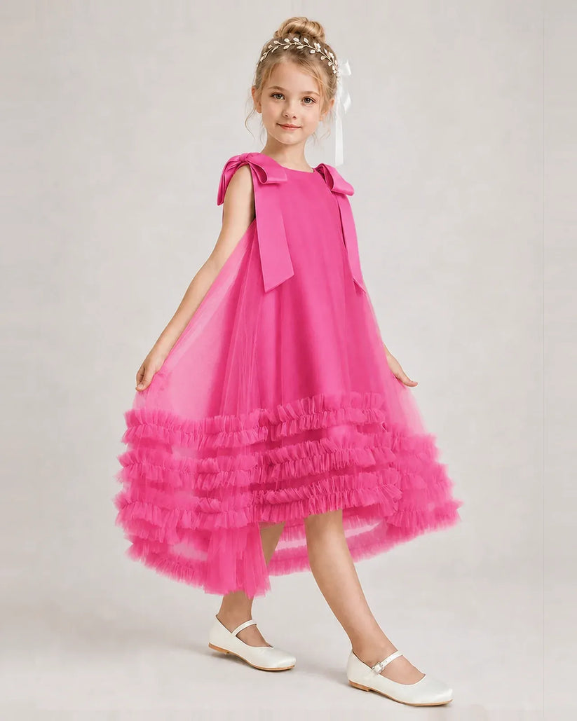 Hot Pink Tulle A-line Girls Formal Dress Side View